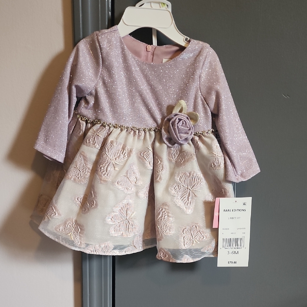 Purple and Cream Baby Dress with Butterfly Details 3-6M